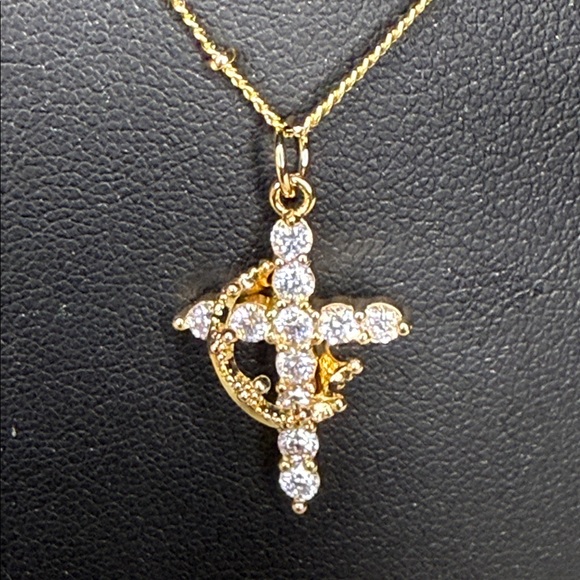 14K Gold Plated Crown Cross CZ Necklace 16in Stainless Steel - Picture 2 of 4